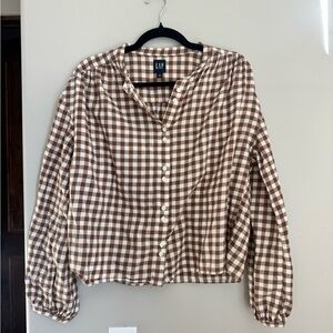 GAP Brown Gingham Cottagecore Button Blouse Puff Sleeve Boho Top M Cotton Grany